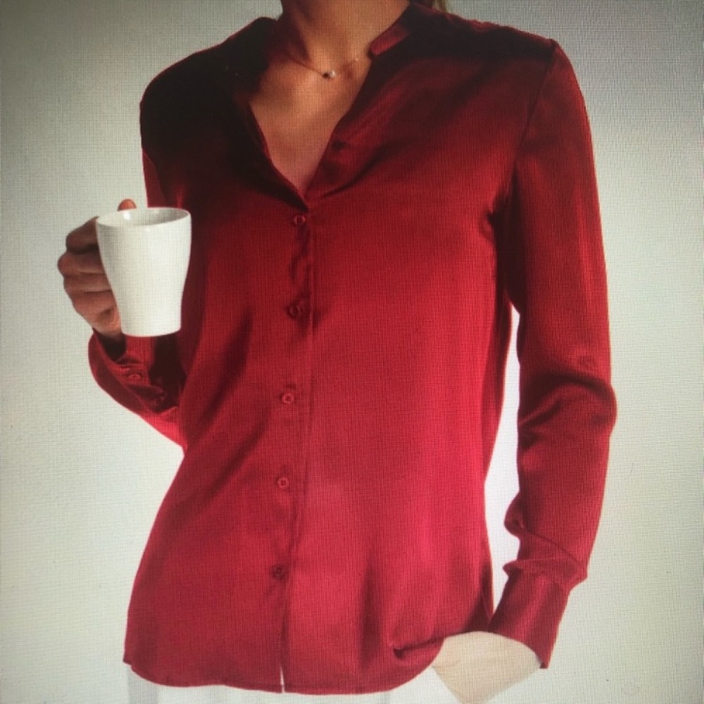 Women's Satin Button-Up Blouse - Red - Picture 2 of 14